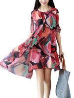 Fashion Women Printed Adjustable Sleeve Irregular Fake Two-piece Dress