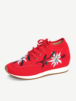 Flower Pattern Heel Increasing Canvas Retro Lace Up Casual Shoes