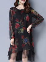 Flower Print Fake Two Pieces Silk Imitation Women Dresses
