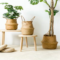 Folding Flower Pot Straw Storage Baskets Vase Hanging Storage Containers Garden Planter Organization