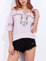 Folk Style Embroidered Off-shoulder Half Sleeve T-shirts For Women