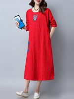 Folk Style Embroidered Patchwork Long Sleeve O-neck Women Dresses