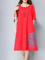 Folk Style Embroidery O-Neck Half Sleeve Women Dresses