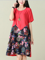 Folk Style Floral Print Patchwork Short Sleeve O-neck Women Dress