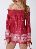 Folk Style Off-shoulder Print Long Sleeve Elastic Women Blouses