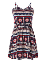 Folk Style Print Lace-up Spaghetti Strap Women Mini Dress