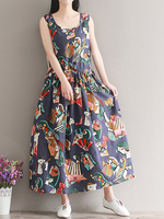 Folk Style Print Loose Sleeveless O-neck Women Maxi Dresses