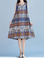 Folk Style Print Patchwork Sleeveless O-neck Dress For Women