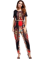 Folk Style Print Short Sleeve O-neck Women Junpsuits