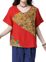 Folk Style Printed Stitching Short Sleeve T-Shirt For Women