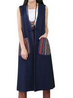Folk Style Women Printed Chinese Frog Pockets Sleeveless Cardigan