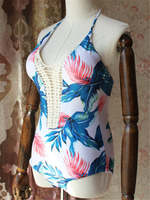 Front Hollow Out Floral Printing Swimsuit Halter Wireelss Triangle Monokini