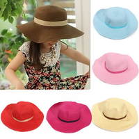 Girls Summer Roll Up Straw Sun Hat Kids Large Wide Brim Bow Beach Cap