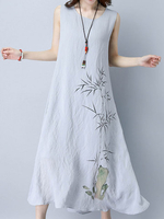Gracila Bamboo Printed Sleeveless O-neck Loose Hem Women Dresses
