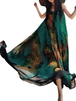 Gracila Bohemian Women Sleeveless O Neck Peacock Printed Maxi Dress