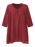 Gracila Casual Solid Color 3/4 Bat Sleeve V-neck Women T-shirts