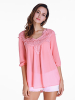 Gracila Crochet Stitching Hollow Long Sleeve V-neck Women T-shirt