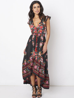 Gracila Folk Style Floral Print Bandage V-neck Women Maxi Dress