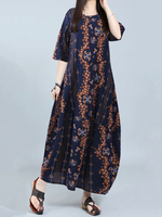 Gracila Vintage Floral Print Half Sleeve O-neck Maxi Dress For Women