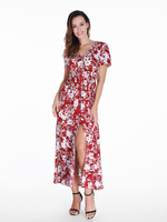 Gracila Women Floral Printed Self Tie Fringe Split Long Maxi Boho Dresses
