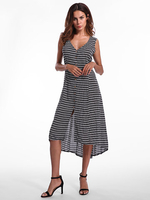 Gracila Women Stripe Sleeveless V-neck Buttons Mid-Long Dresses