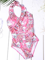 Halter Floral Printing Flounce Ruffle Wireless One-Pieces Swimsuit