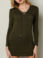 Knitted V-neck Lace-up Long Sleeve Women Mini Dress
