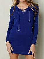 Knitting V-neck Lace-up Long Sleeve Women Mini Dress