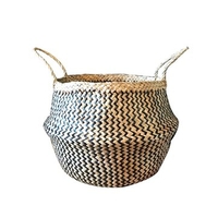 Large Black Natural Storage Basket Seagrass Belly Zig Zag Straw Planter Laundry Basket