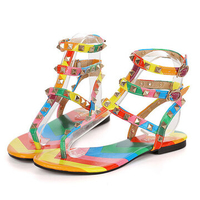 Large Size Colorful Roman Buckle Rivet High Top Clip Toe Flat Sandals