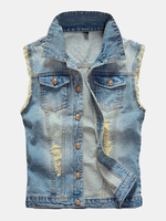 Large Size Mens Denim Vest Vintage Sleeveless Ripped washed jeans waistcoats