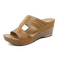 Large Size Pure Color Peep Toe Slip On Backless Wedges Casual Slippers