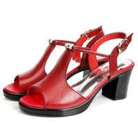 Leather Beaded Backless Buckle Peep Toe Block Sandals