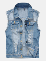 Light Blue Denim Korean Style Slim Fit Hole Ripped Vest for Men
