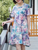 LINLANJIRU Casual Floral Print Irregular Hem Short Sleeve Mini Dress