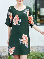 LINLANJIRU Elegant Flower Print Half Sleeve O-Neck Mini Dress
