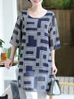 LINLANJIRU Geometric Print Chiffon Two-Layer 3/4 Sleeve Tops