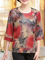 LINLANJIRU Vintage Chinese Print 3/4 Sleeve O-Neck Tops