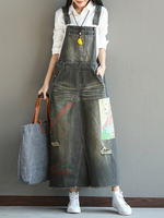 Literature and Art Holes Printed Denim Strap Dresses For Women