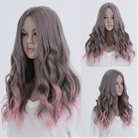 Lolita Harajuku Gray Pink Full Wig Long Curly Wavy Hair Party Cosplay Wigs