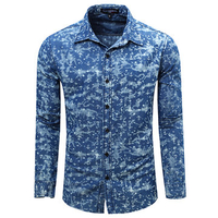 Long Sleeve Deep Blue Printing Denim Designer Shirt for Men