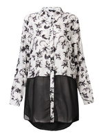 Loose Camellia Printed Chiffon Patchwork Turn-down Collar Blouse For Women