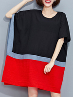 Loose Color Contrast Short Sleeve O-Neck Dress For Women