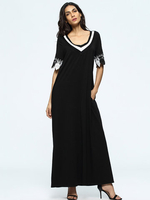 Loose Crochet Lace Patchwork Short Sleeve V-neck Maxi Dress For Women