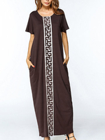 Loose Embroidered Patchwork Short Sleeve O-neck Women Maxi Dress