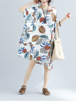 Loose Leaves Printed Short Sleeve Knee-Length Dress For Women