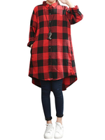 Loose Plus Size Plaid Lapel Long Sleeve High Low Shirt For Women