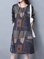 Loose Print Patchwork Pocket Long Sleeve O Neck Women Dresses