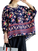 Loose Printed Batwing Sleeve O-Neck Tassels Stitching Tops For Women