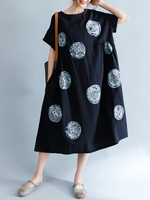 Loose Printed Short Sleeve O-Neck Pockets Pullover Dress For Women